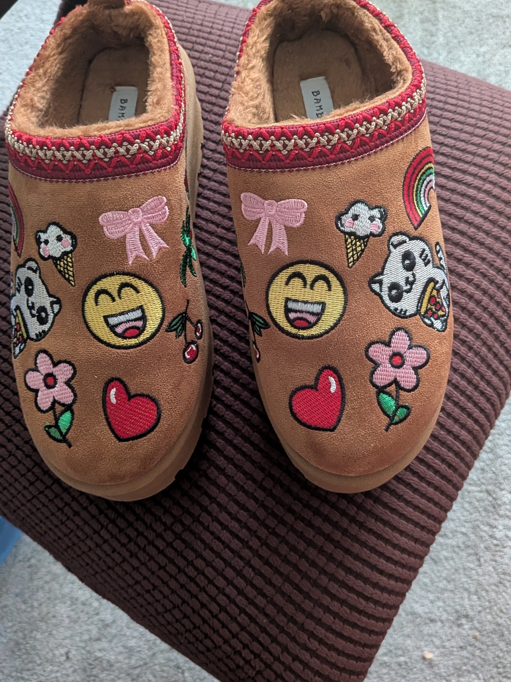 BAMBOO Tan Faux-Fur Lined Slip-On Clogs with Red Trim